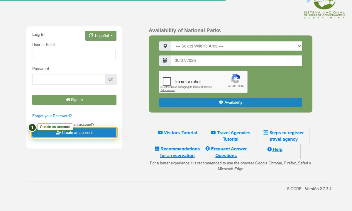 SINAC home page with Create an account highlighted