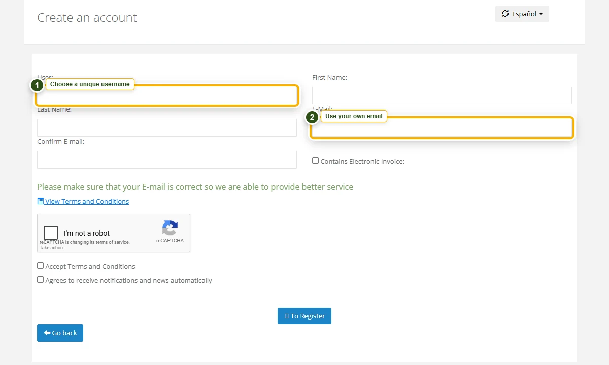 SINAC account form with the username and email fields highlighted