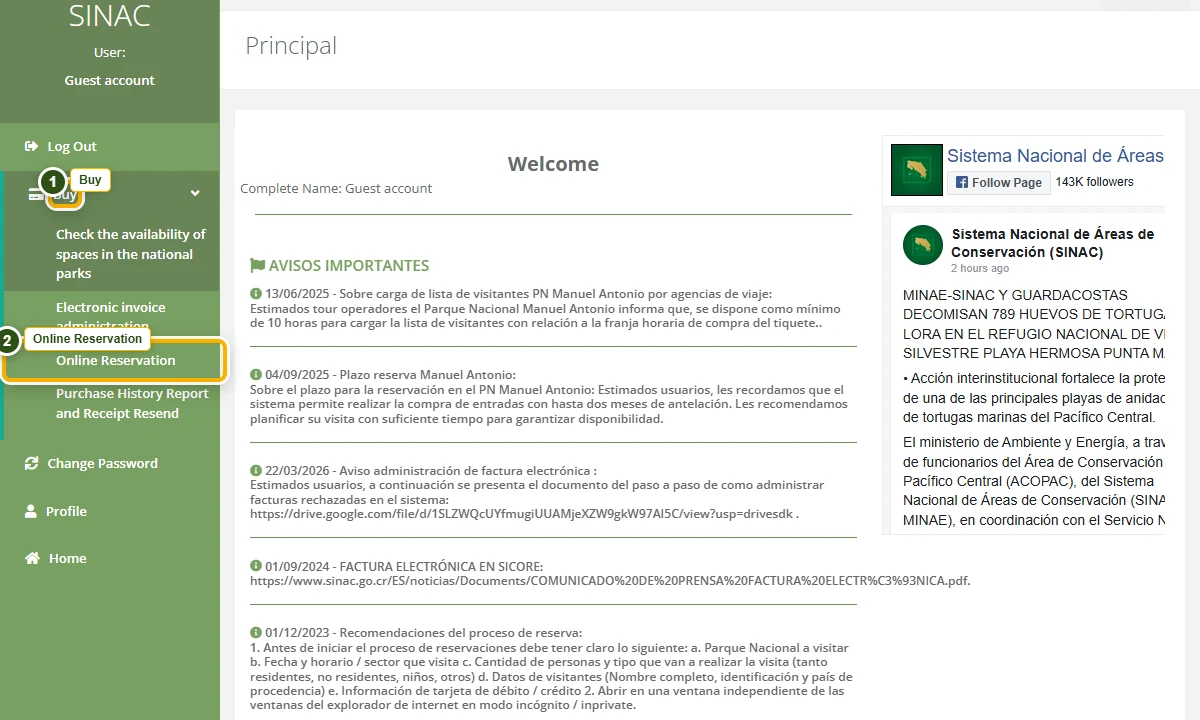 Signed-in SINAC menu with Buy and Online Reservation highlighted