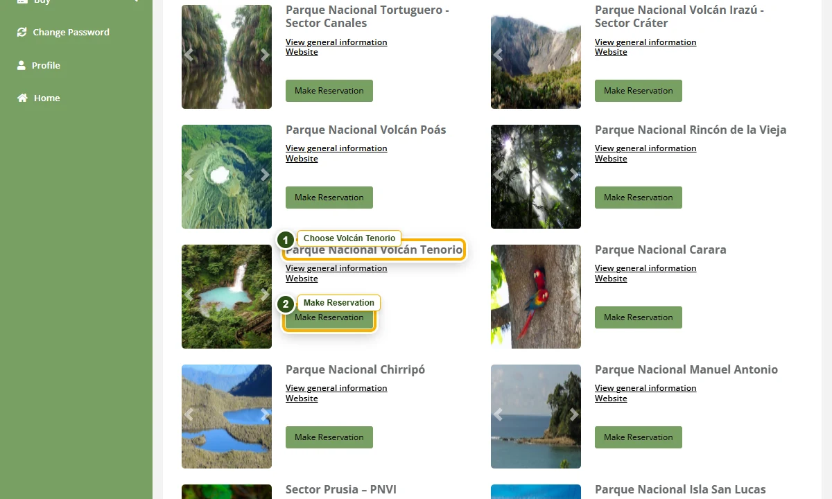 SINAC park list with Parque Nacional Volcán Tenorio and Make Reservation highlighted