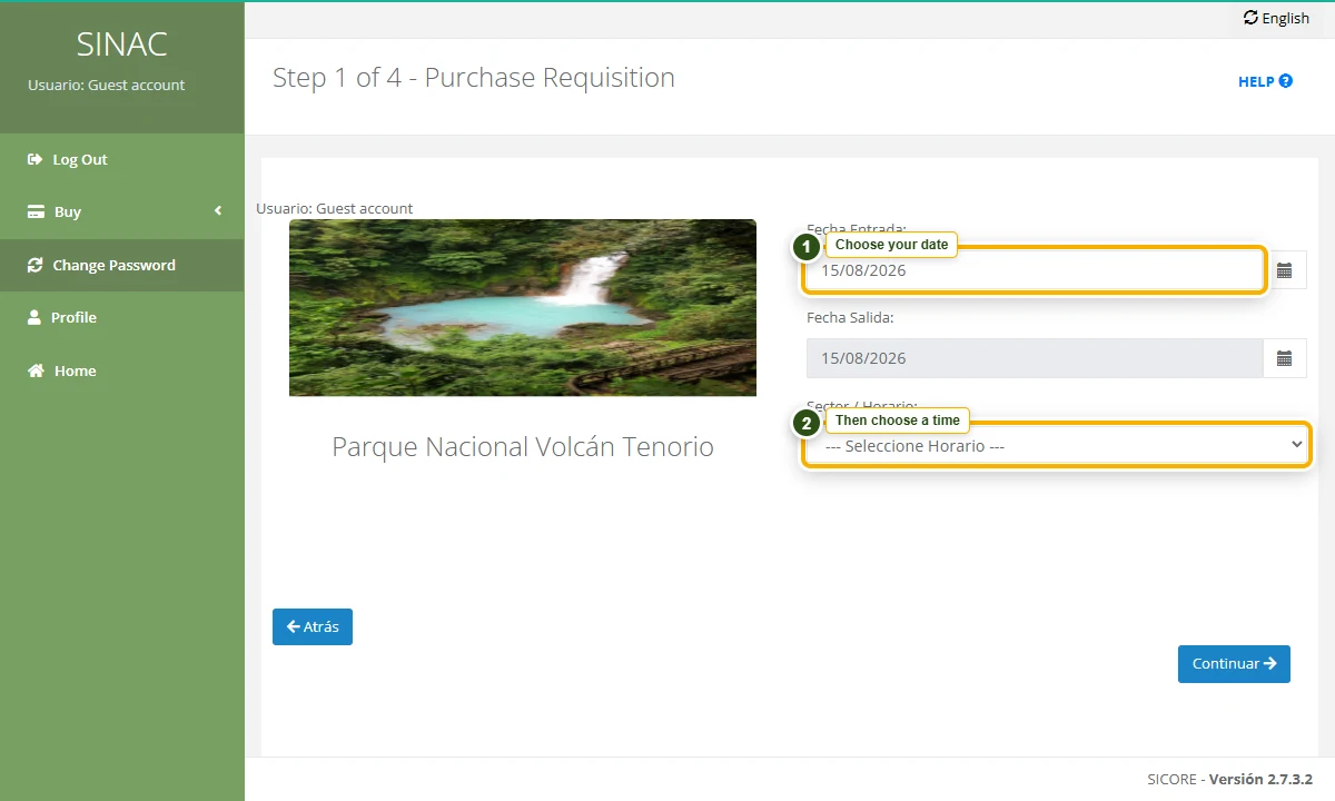 Volcán Tenorio request page with date and entry time highlighted