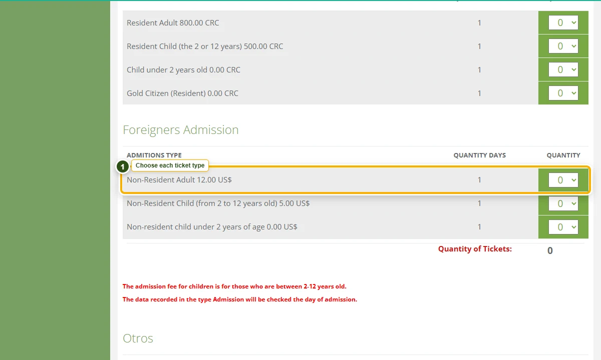 SINAC ticket categories with the non-resident adult quantity highlighted